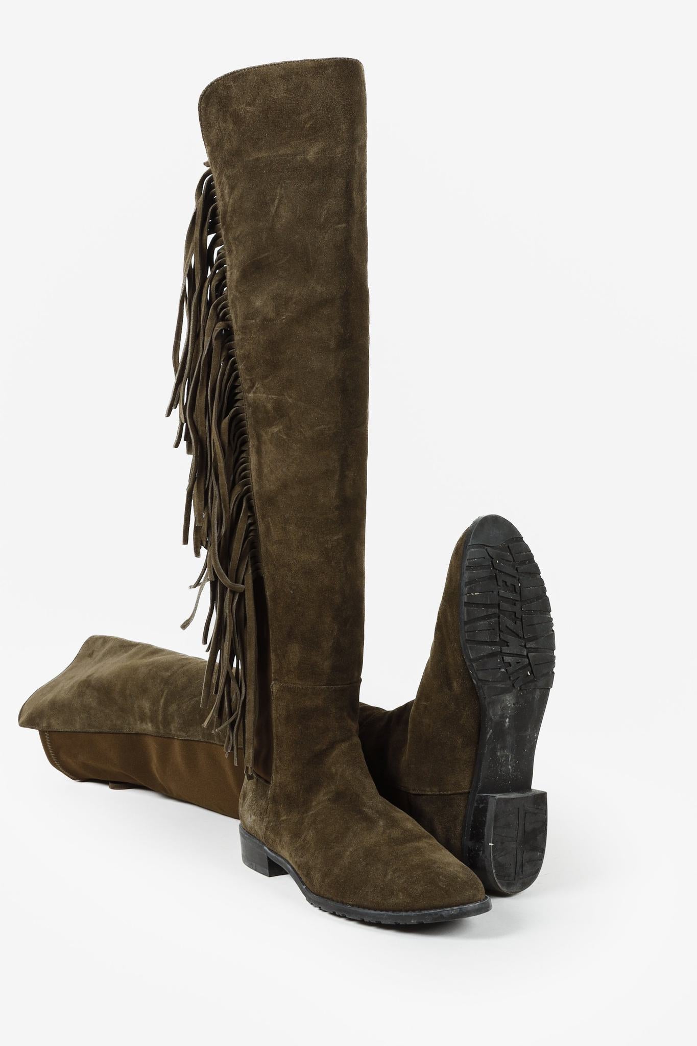 Stuart Weitzman 5050 Mane Fringe Olive Suede Leather OTK Boots