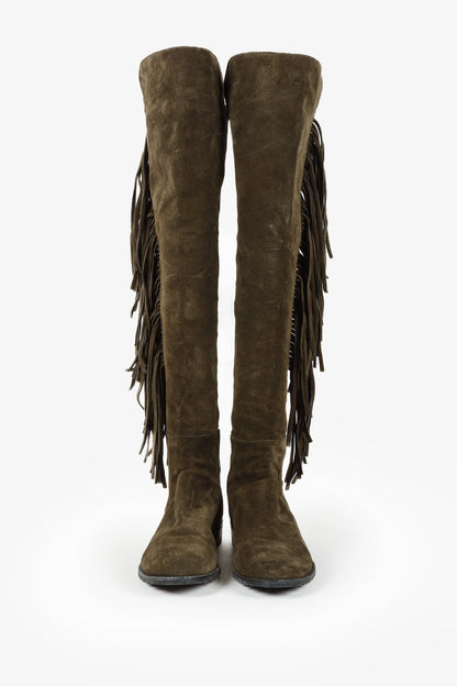 Stuart Weitzman 5050 Mane Fringe Olive Suede Leather OTK Boots