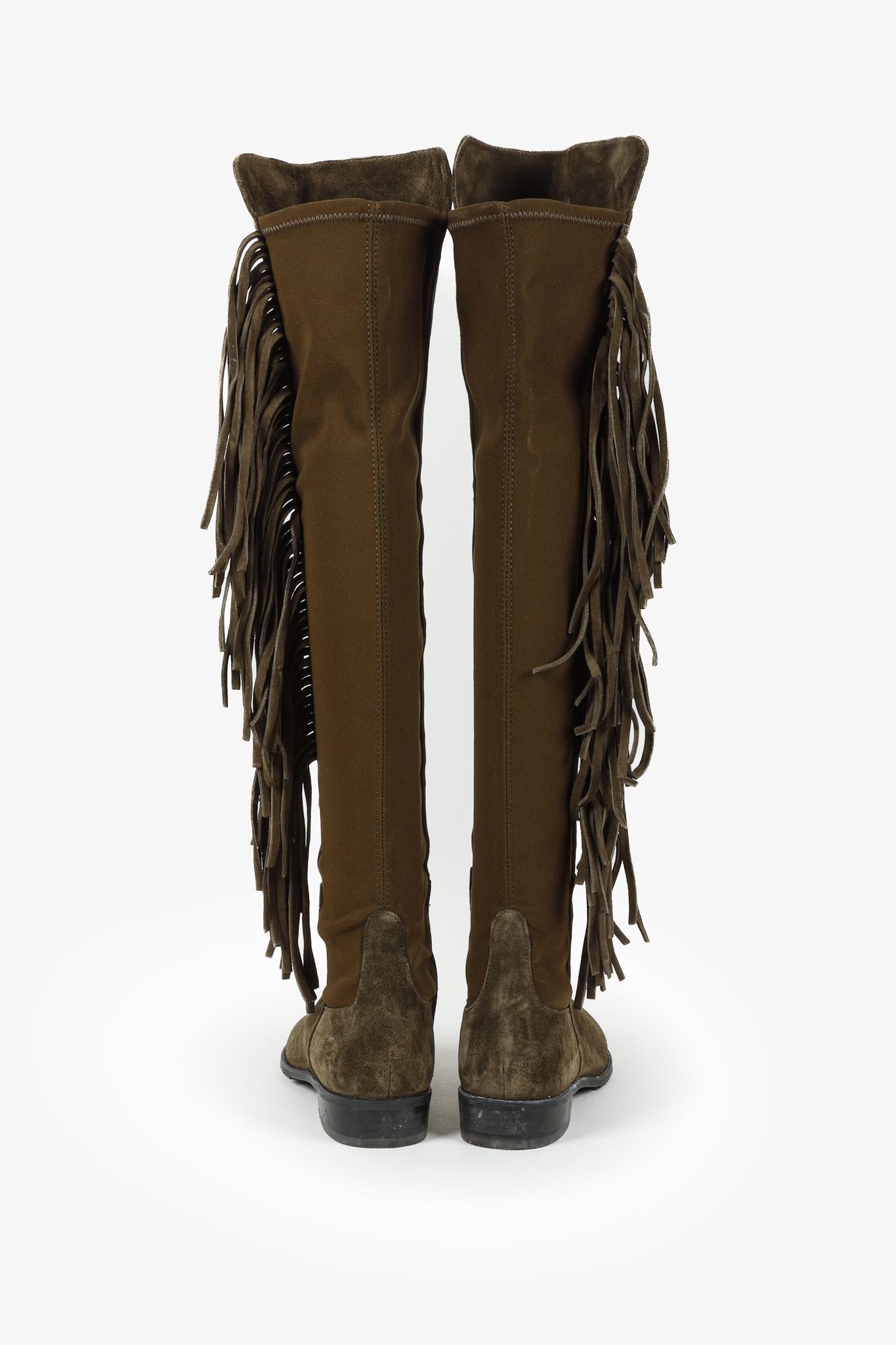 Stuart Weitzman 5050 Mane Fringe Olive Suede Leather OTK Boots