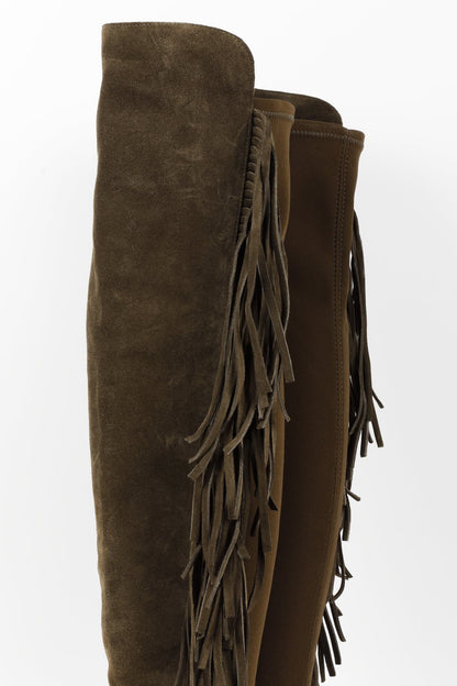 Stuart Weitzman 5050 Mane Fringe Olive Suede Leather OTK Boots