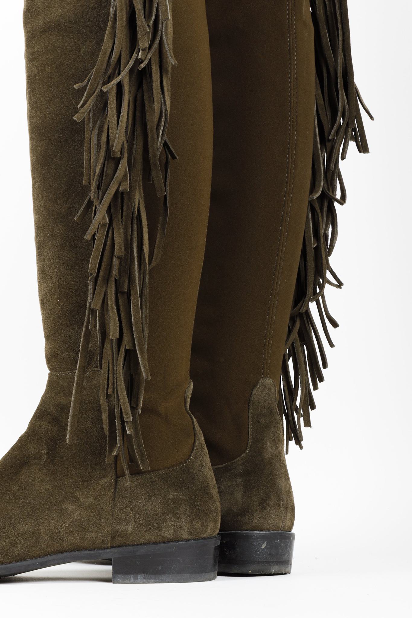 Stuart Weitzman 5050 Mane Fringe Olive Suede Leather OTK Boots