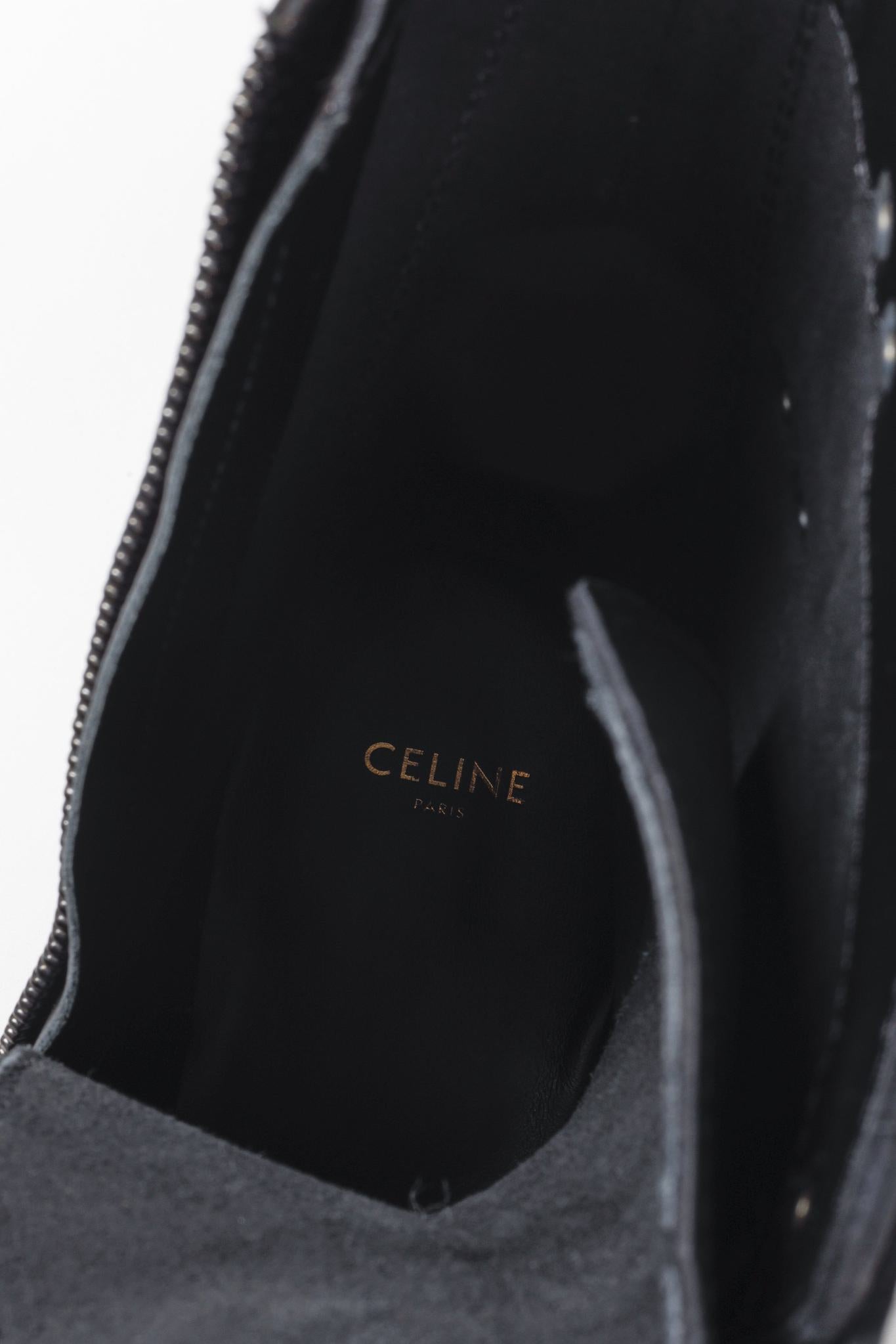 Celine Black Calf Leather Combat Boots with Buckles