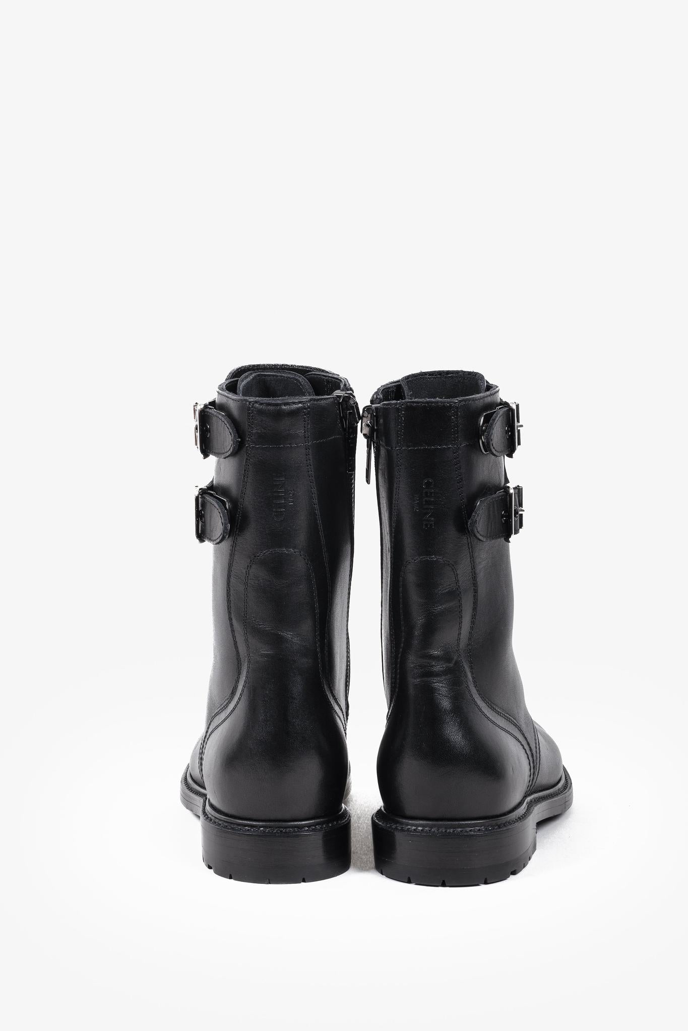 Celine Black Calf Leather Combat Boots with Buckles