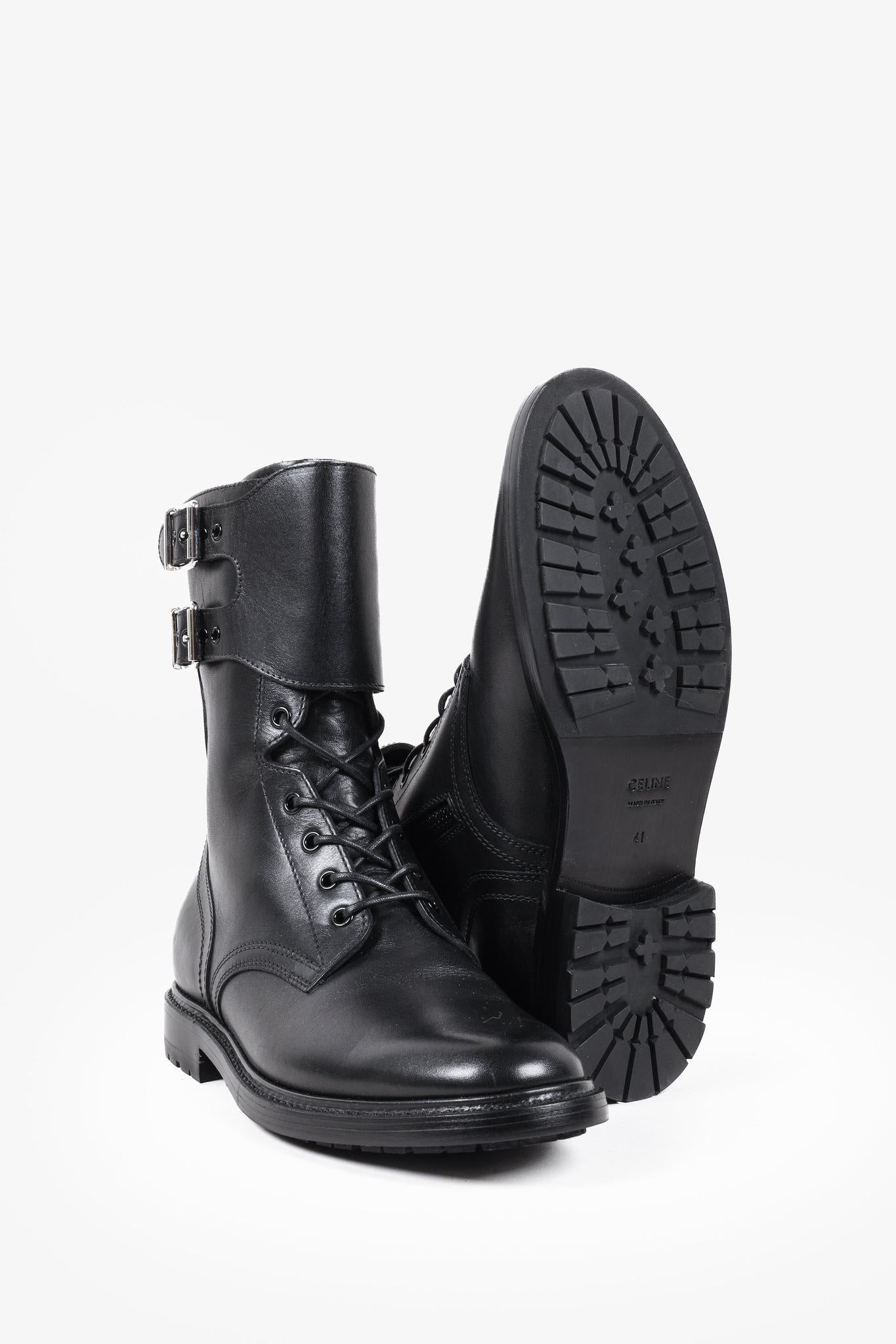 Celine Black Calf Leather Combat Boots with Buckles