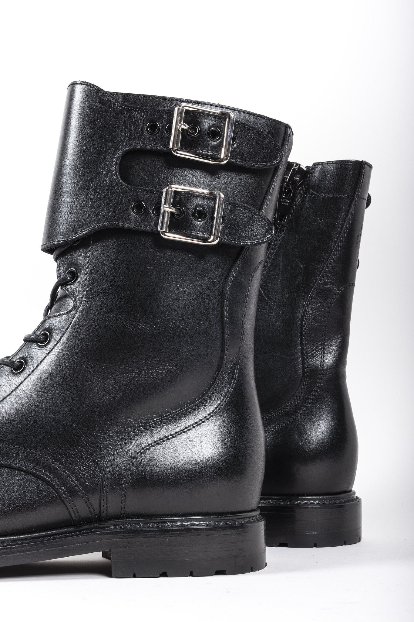 Celine Black Calf Leather Combat Boots with Buckles