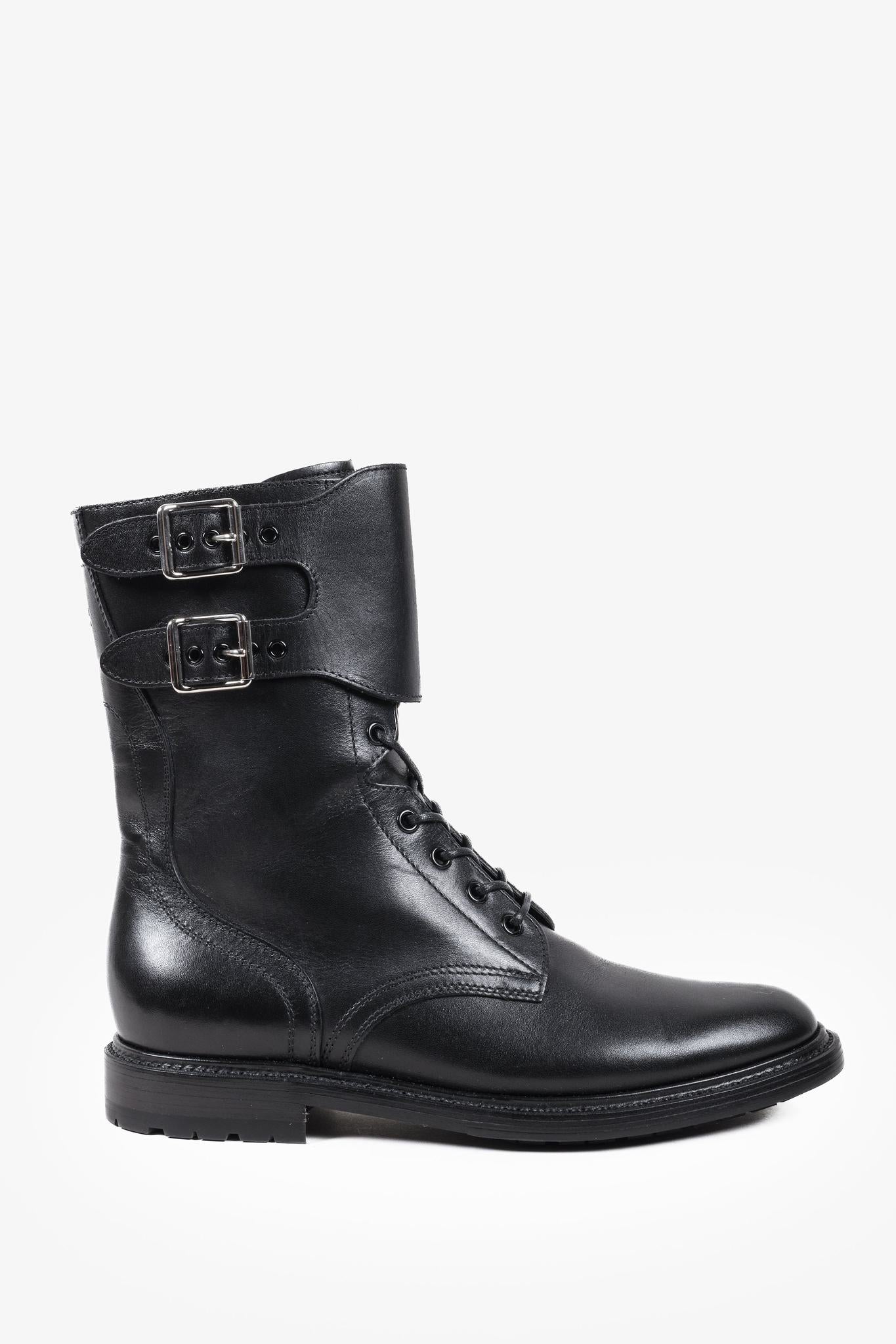 Celine Black Calf Leather Combat Boots with Buckles