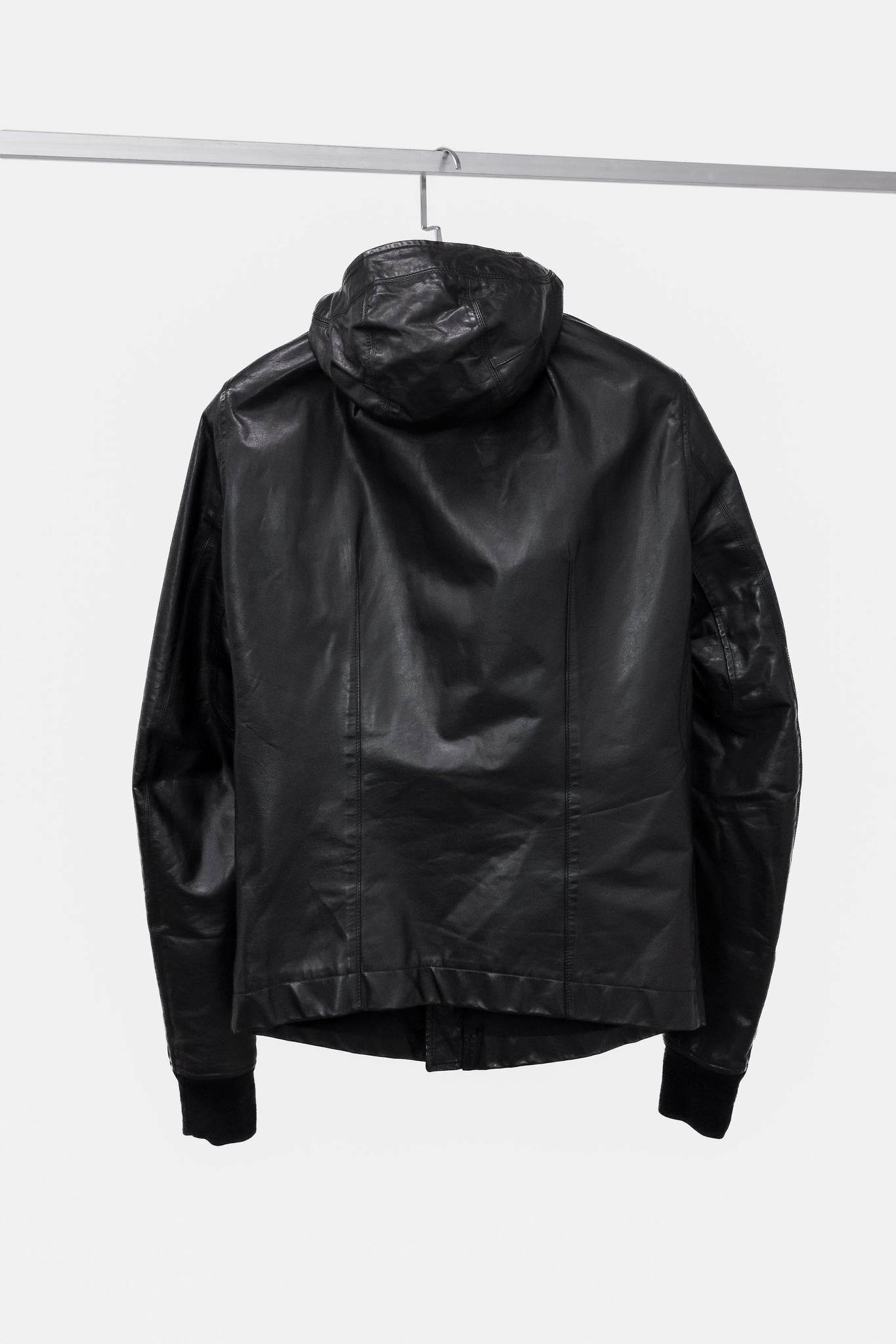 Rick Owens Hooded Black Leather Jacket