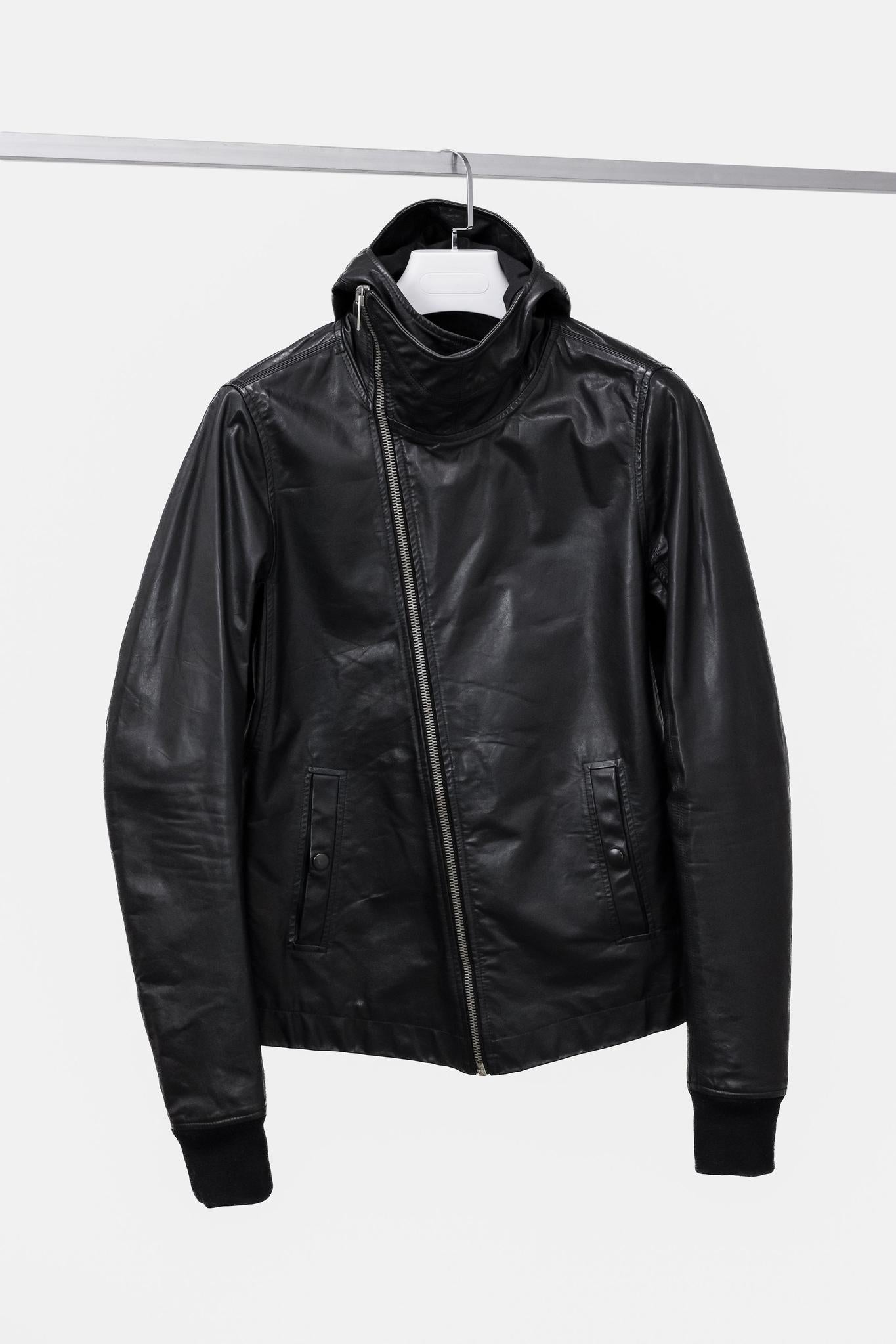 Rick Owens Hooded Black Leather Jacket