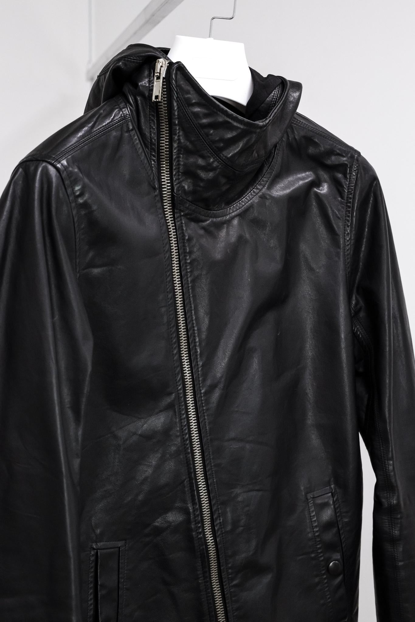 Rick Owens Hooded Black Leather Jacket