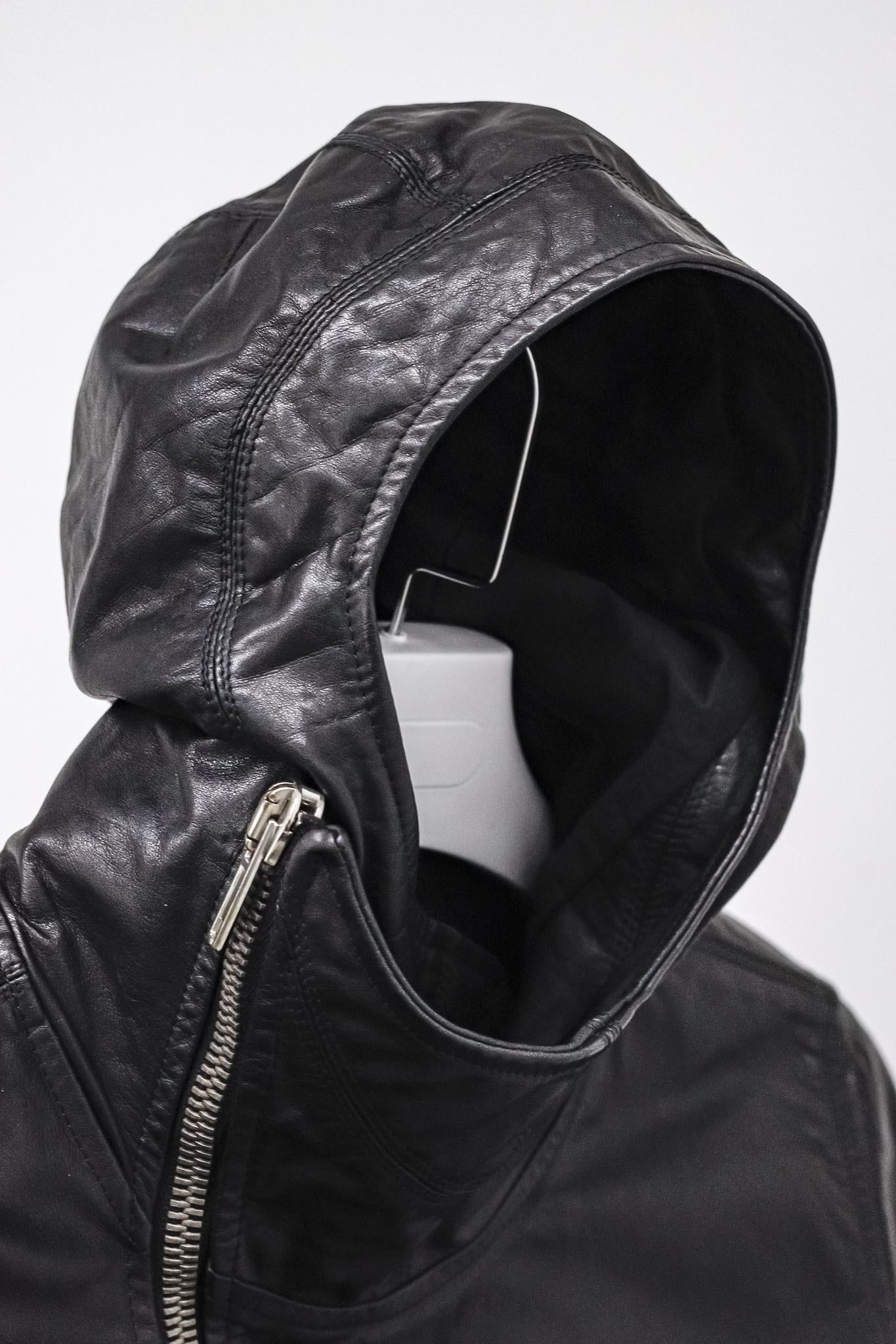 Rick Owens Hooded Black Leather Jacket