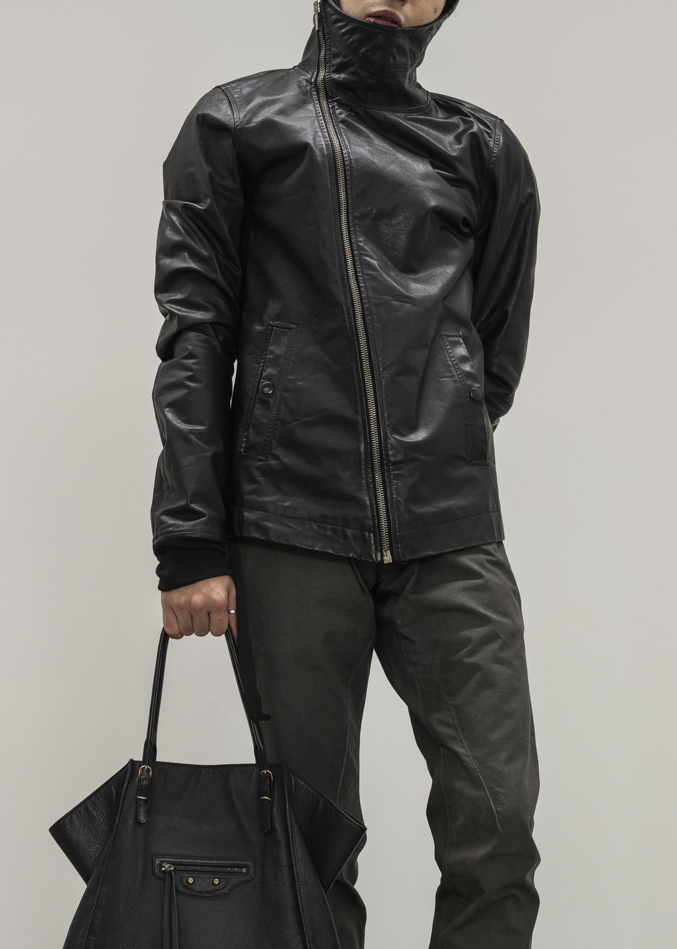 Rick Owens Hooded Black Leather Jacket