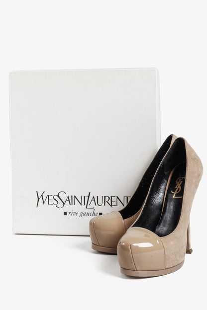 Saint Laurent Beige Suede Patent Leather Tribtoo Platform Pumps