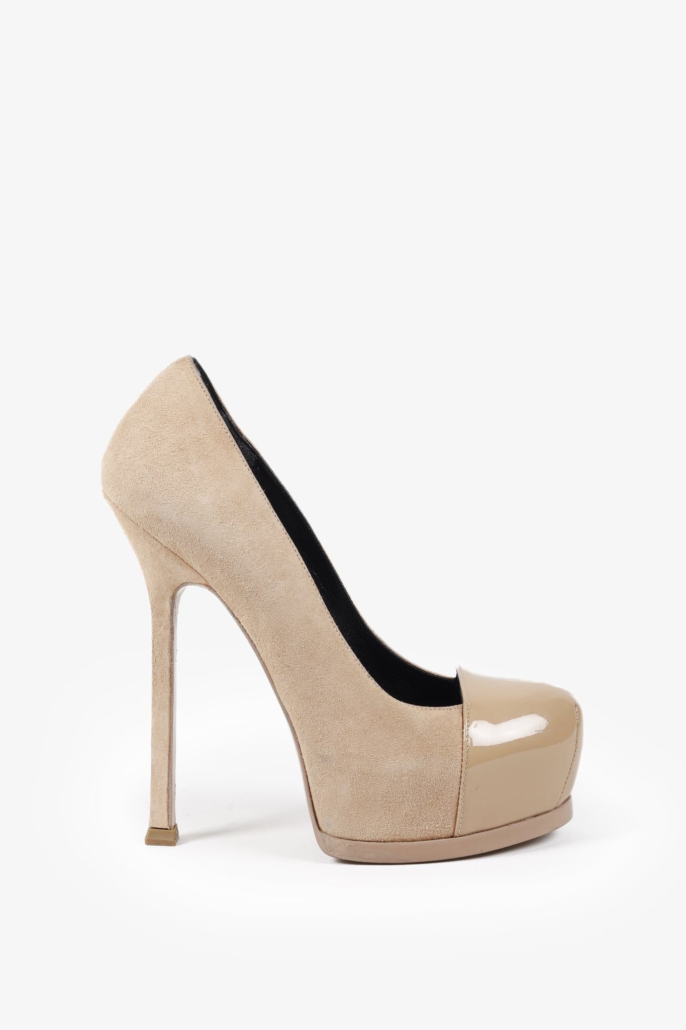 Saint Laurent Beige Suede Patent Leather Tribtoo Platform Pumps