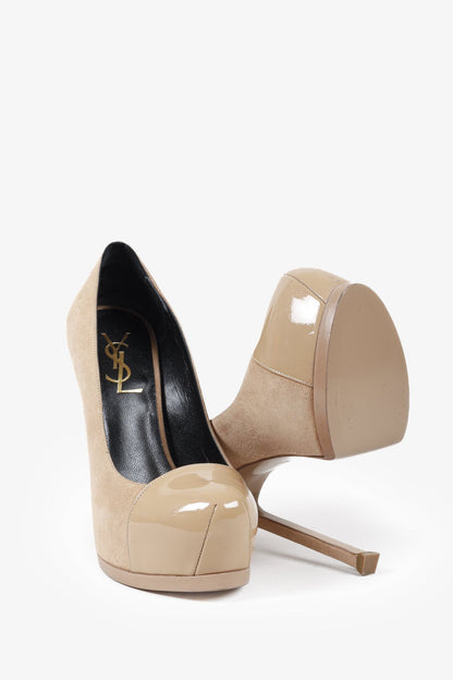 Saint Laurent Beige Suede Patent Leather Tribtoo Platform Pumps