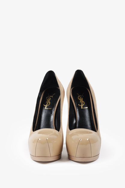 Saint Laurent Beige Suede Patent Leather Tribtoo Platform Pumps