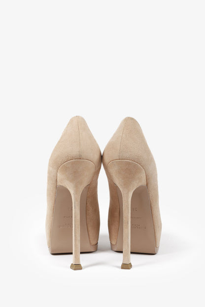 Saint Laurent Beige Suede Patent Leather Tribtoo Platform Pumps