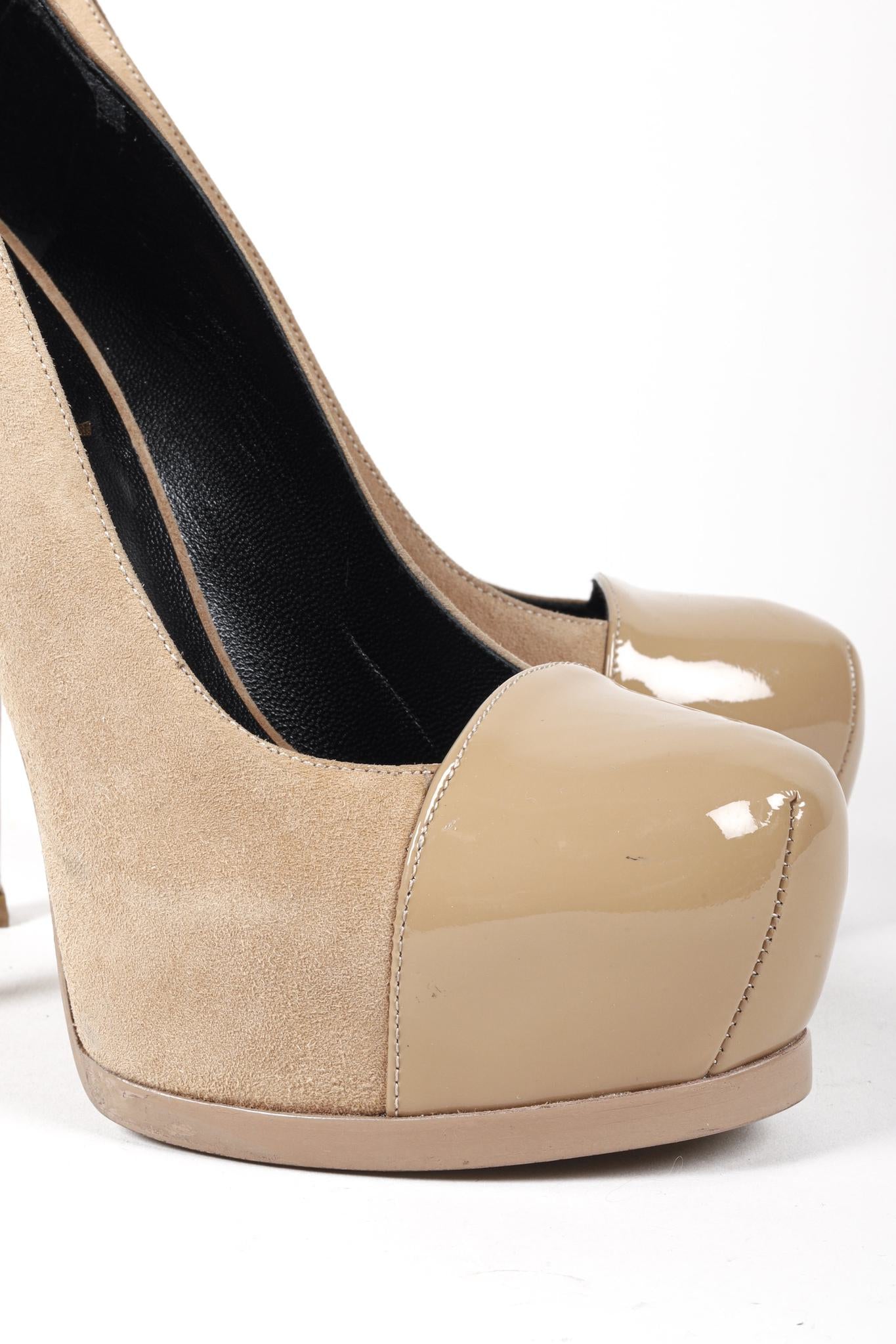 Saint Laurent Beige Suede Patent Leather Tribtoo Platform Pumps