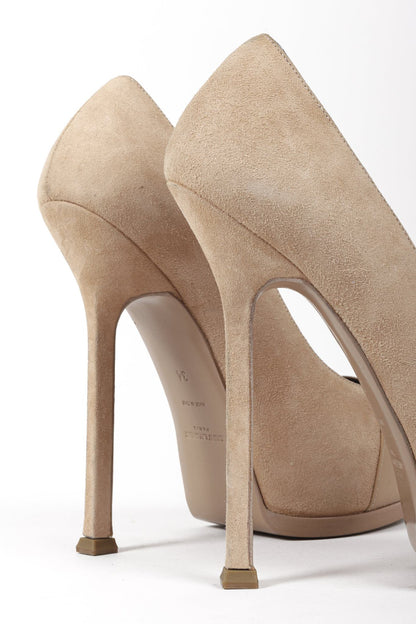 Saint Laurent Beige Suede Patent Leather Tribtoo Platform Pumps