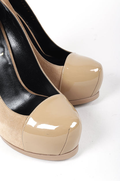 Saint Laurent Beige Suede Patent Leather Tribtoo Platform Pumps