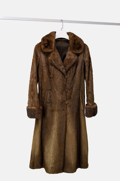 Long Brown Beaver Coat with Mink Trim