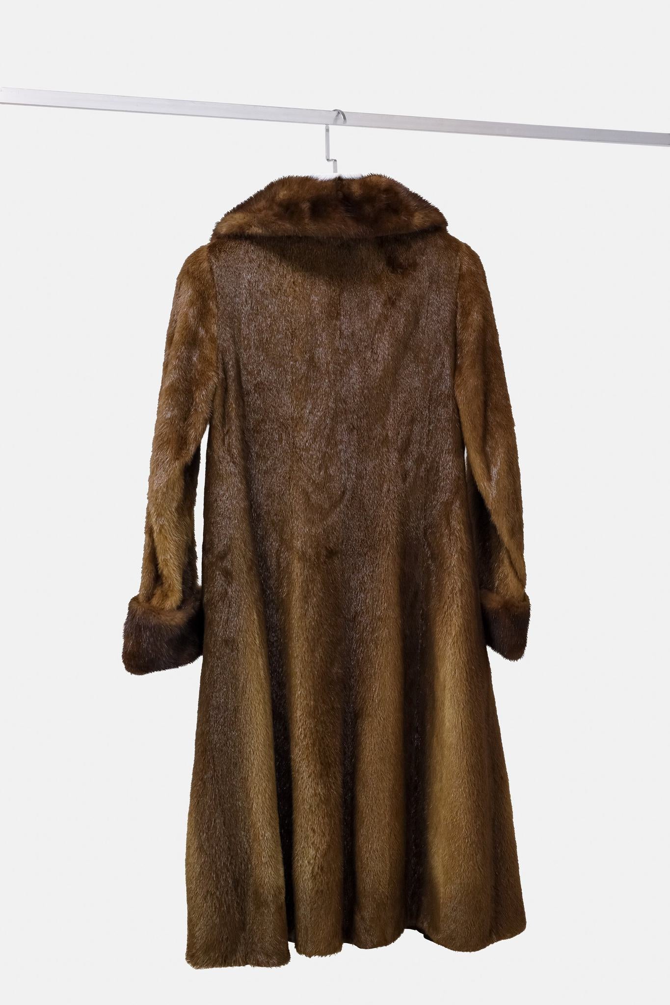 Long Brown Beaver Coat with Mink Trim