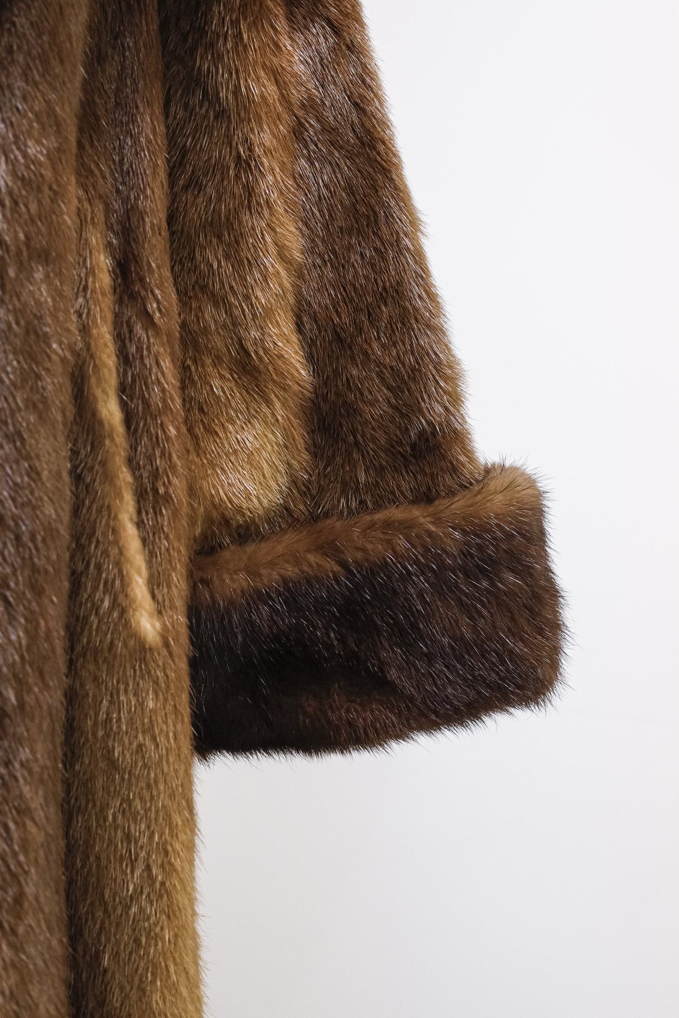 Long Brown Beaver Coat with Mink Trim