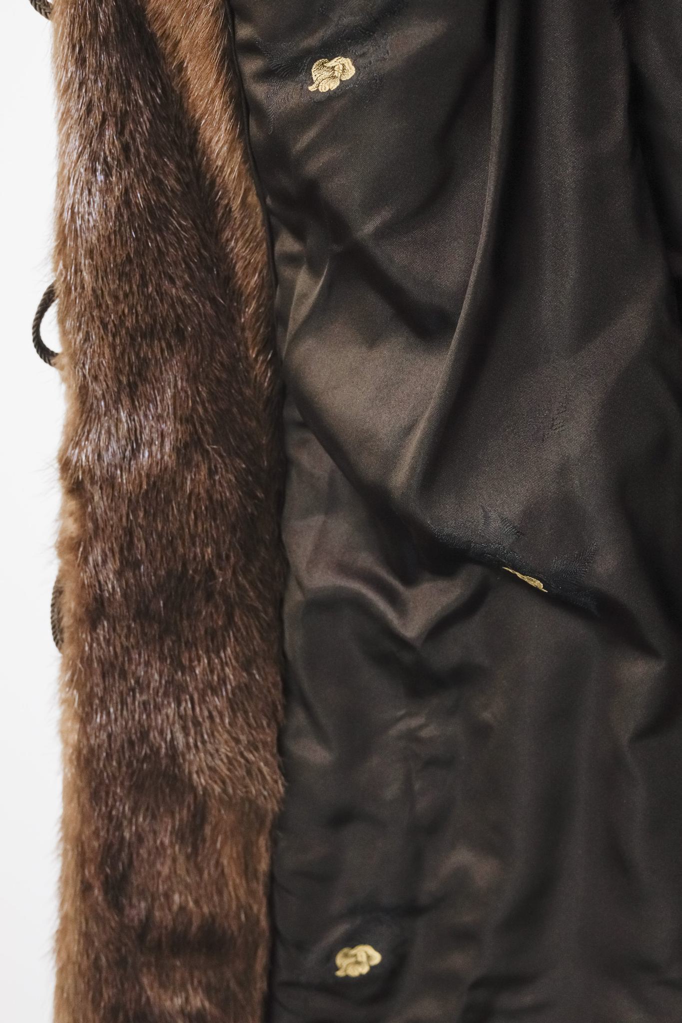 Long Brown Beaver Coat with Mink Trim