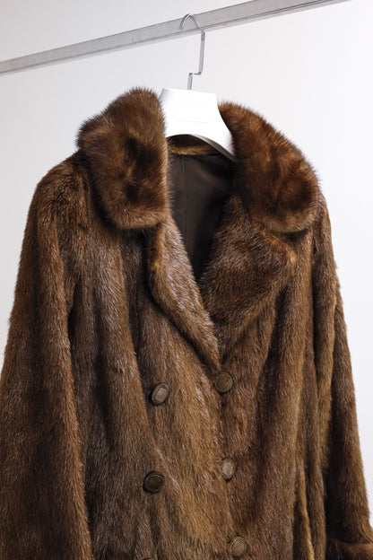 Long Brown Beaver Coat with Mink Trim