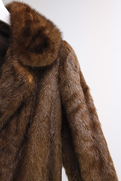 Long Brown Beaver Coat with Mink Trim