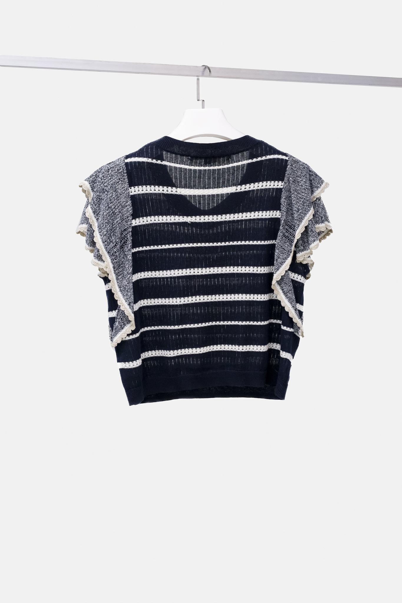 Veronica Beard Navy and White Striped Flutter Sleeve Sweater