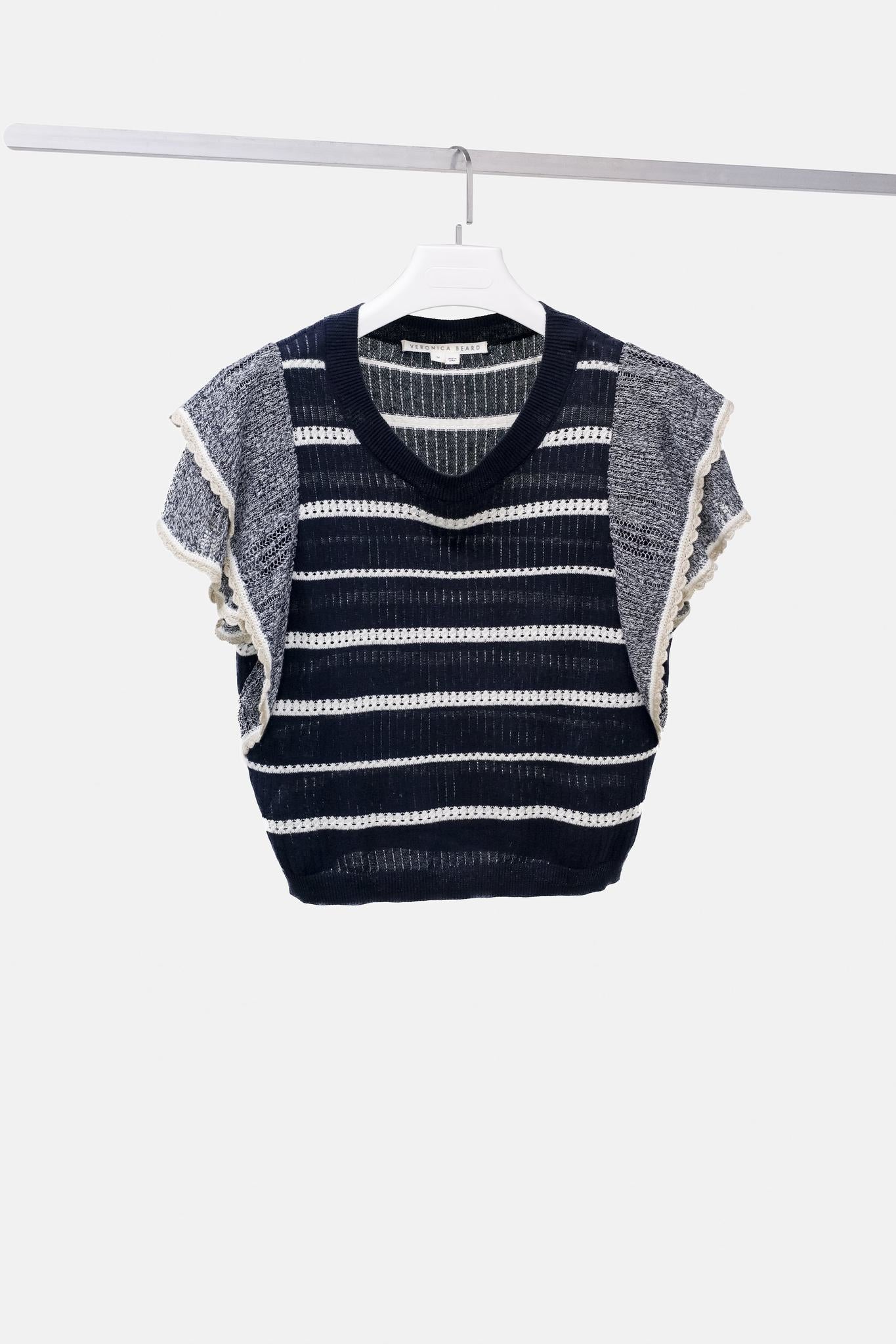 Veronica Beard Navy and White Striped Flutter Sleeve Sweater