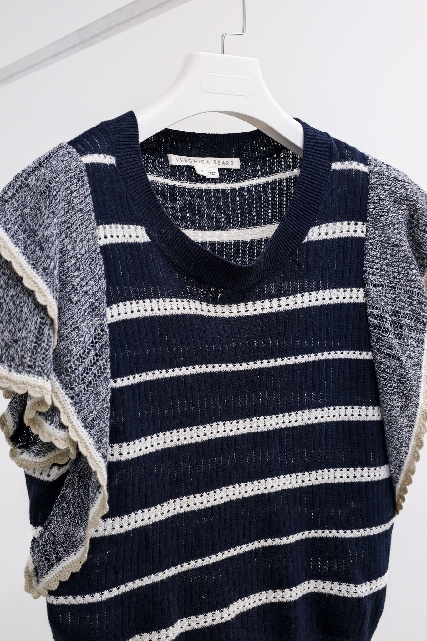 Veronica Beard Navy and White Striped Flutter Sleeve Sweater