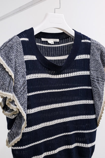 Veronica Beard Navy and White Striped Flutter Sleeve Sweater