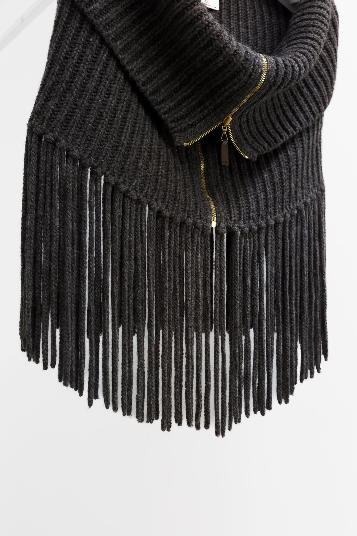 Gucci Grey Alpaca Fringe Knit Zip Collar Scarf