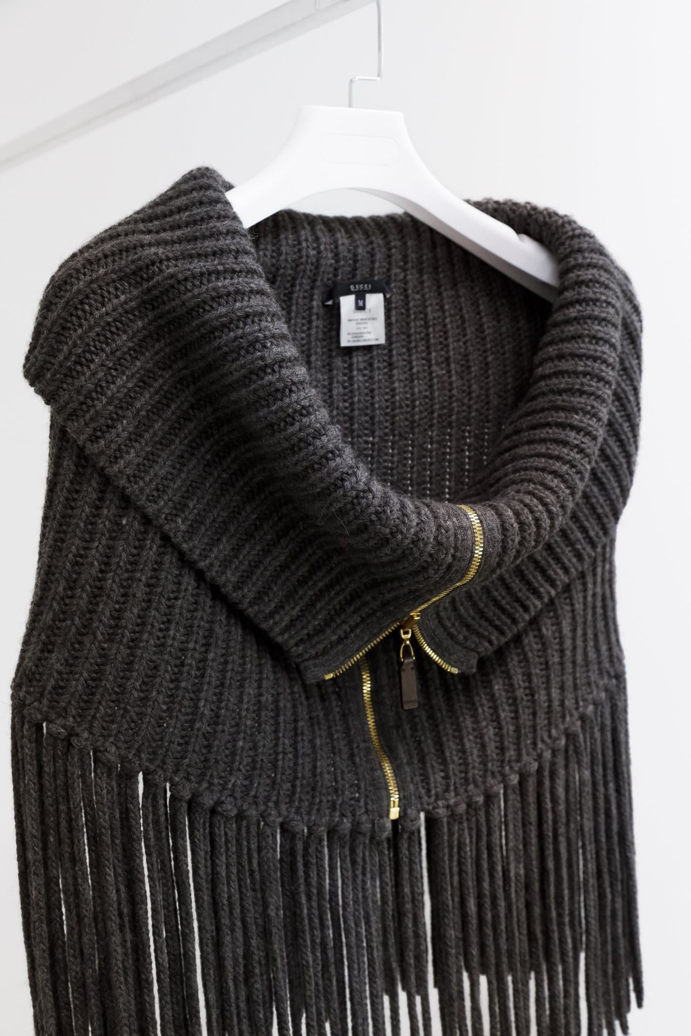 Gucci Grey Alpaca Fringe Knit Zip Collar Scarf