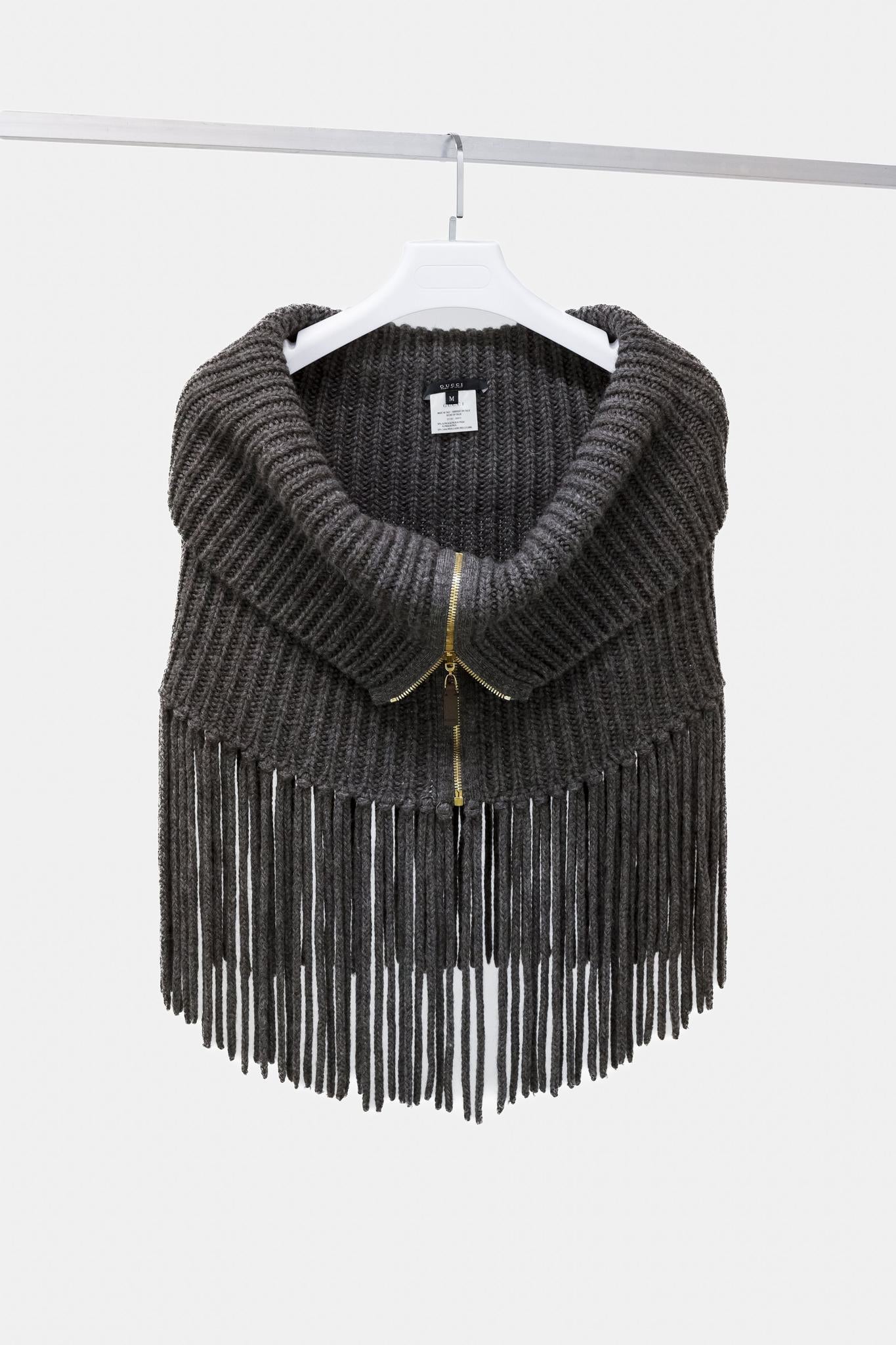 Gucci Grey Alpaca Fringe Knit Zip Collar Scarf