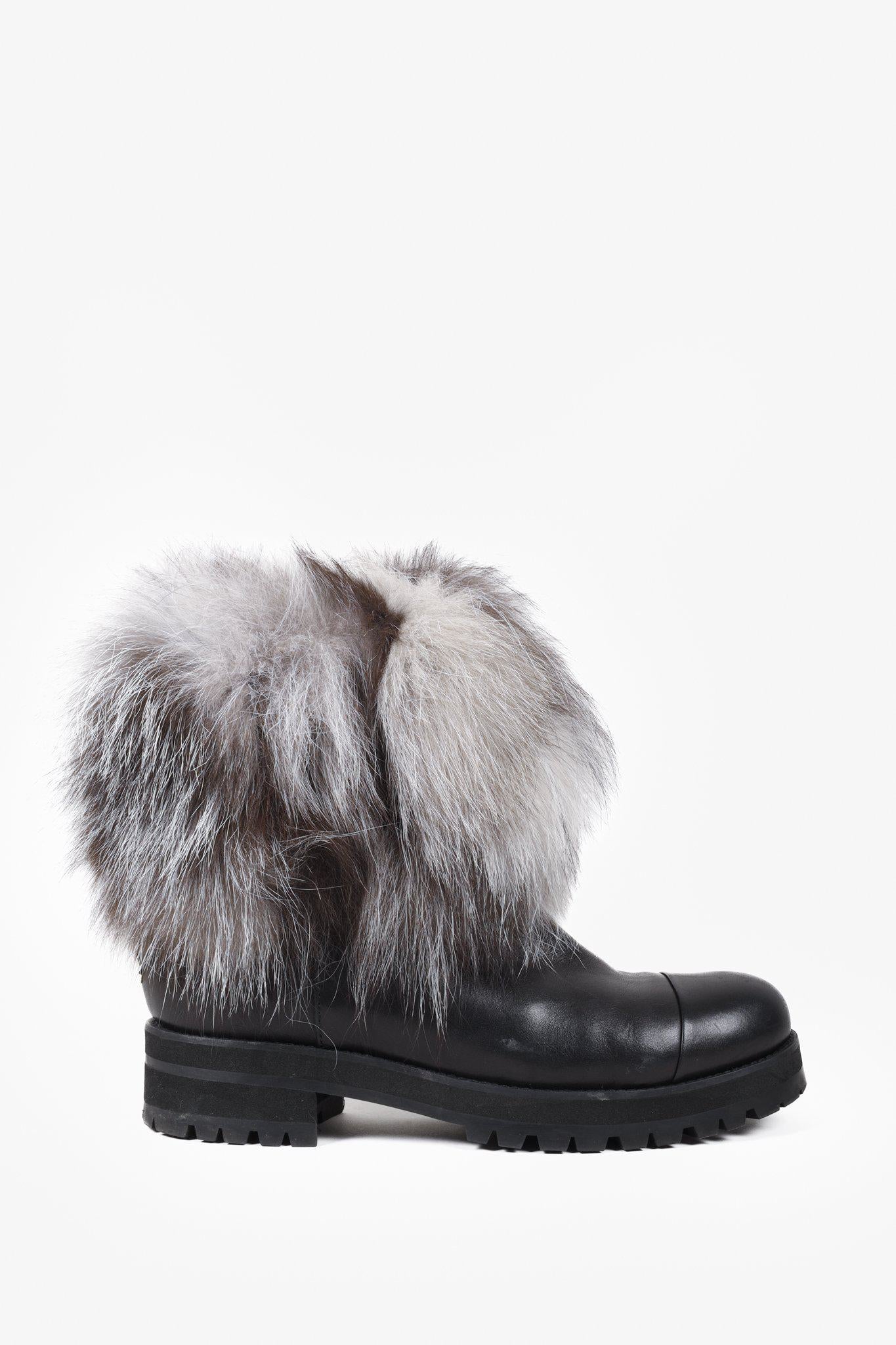 Jimmy Choo Dana Black Leather Grey Fur Boots