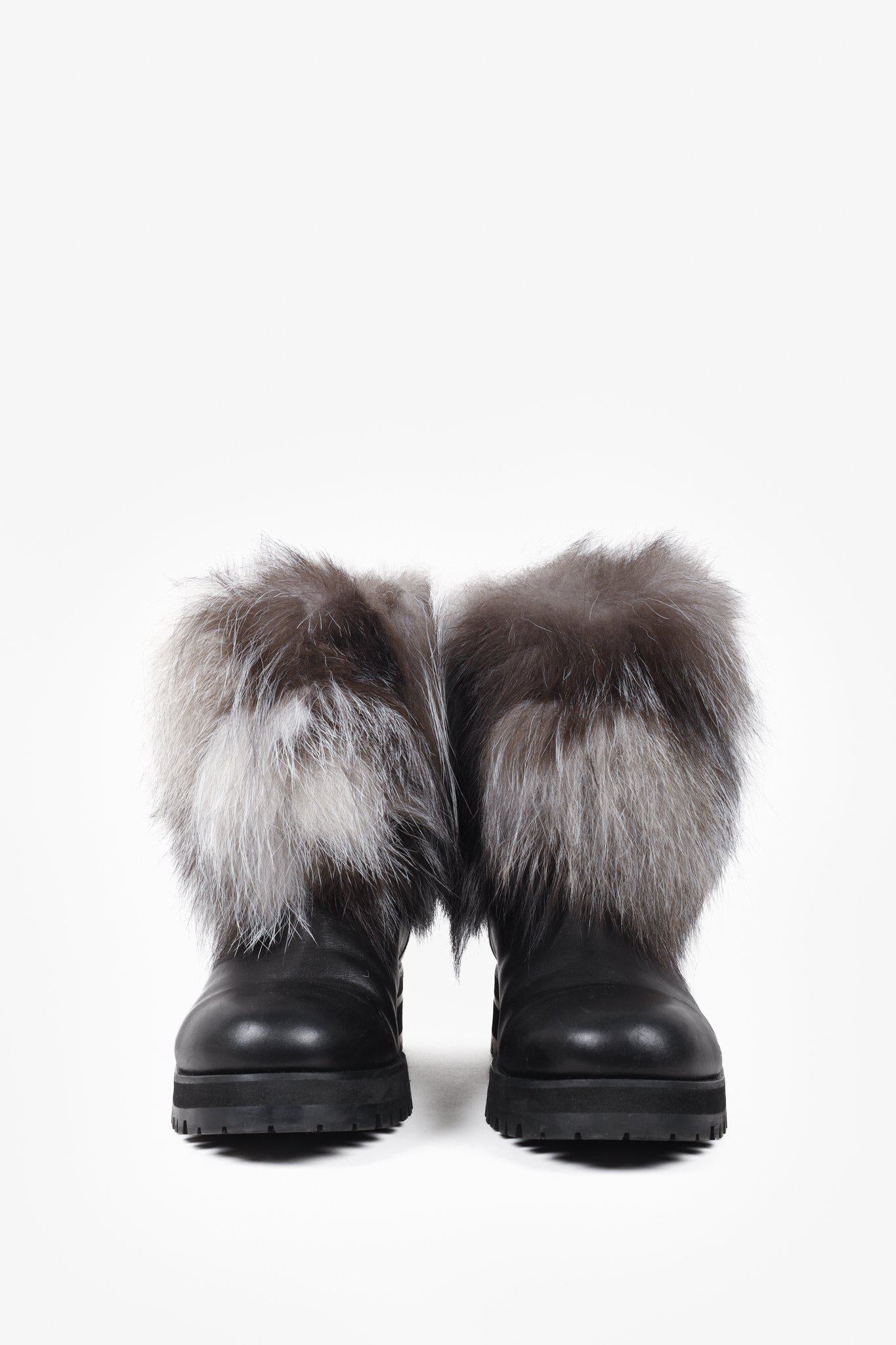 Jimmy Choo Dana Black Leather Grey Fur Boots