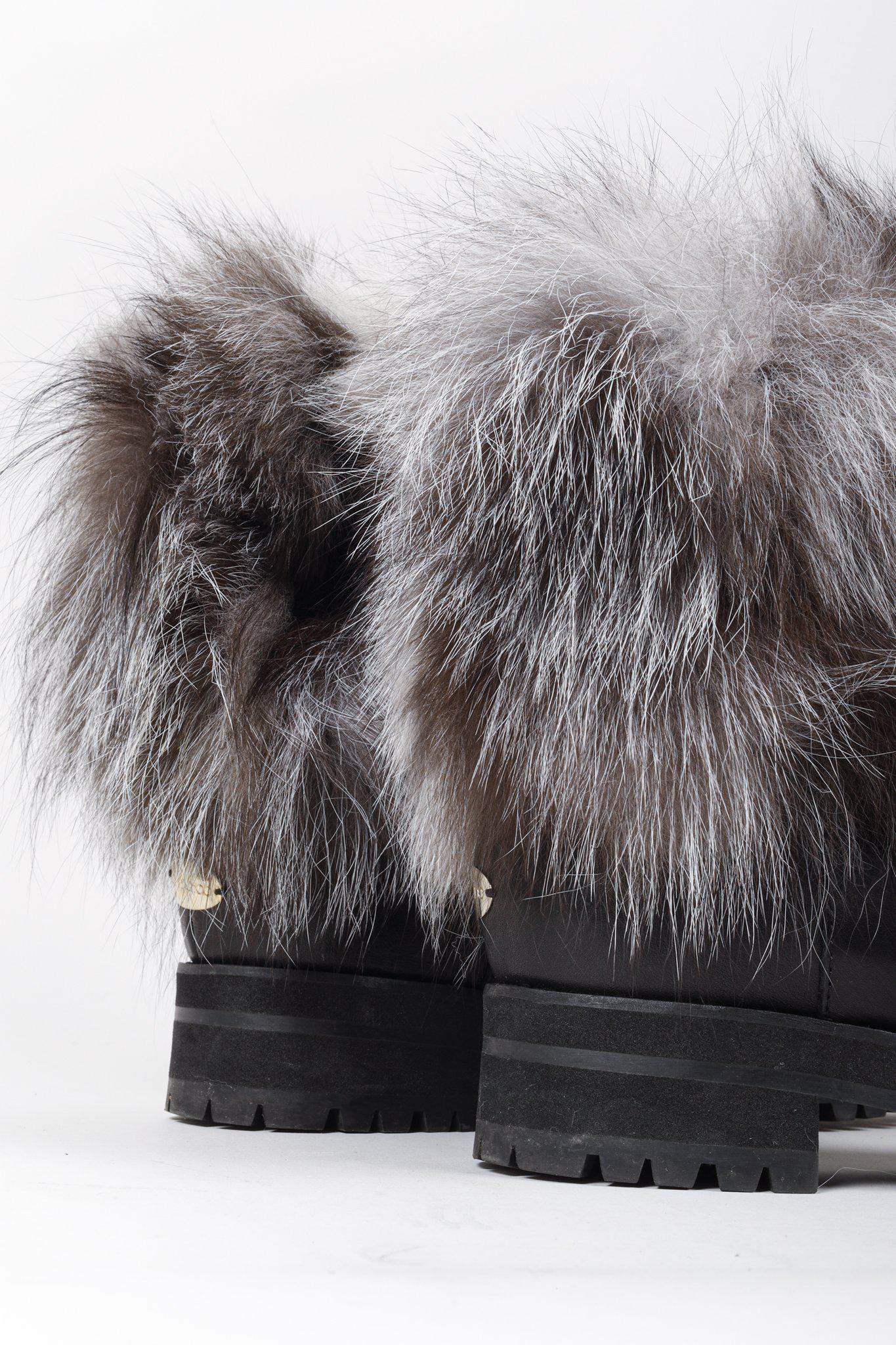 Jimmy Choo Dana Black Leather Grey Fur Boots