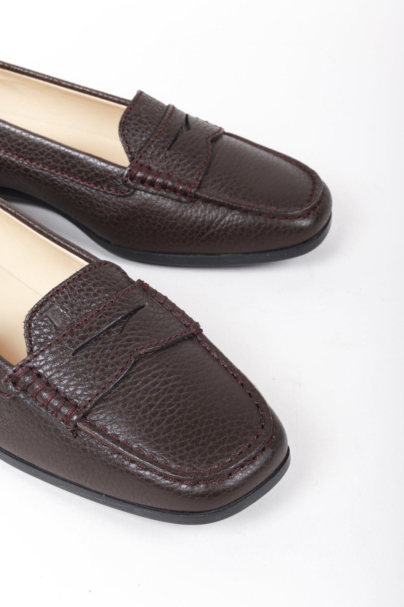 Tod's Brown Grained Leather Loafers