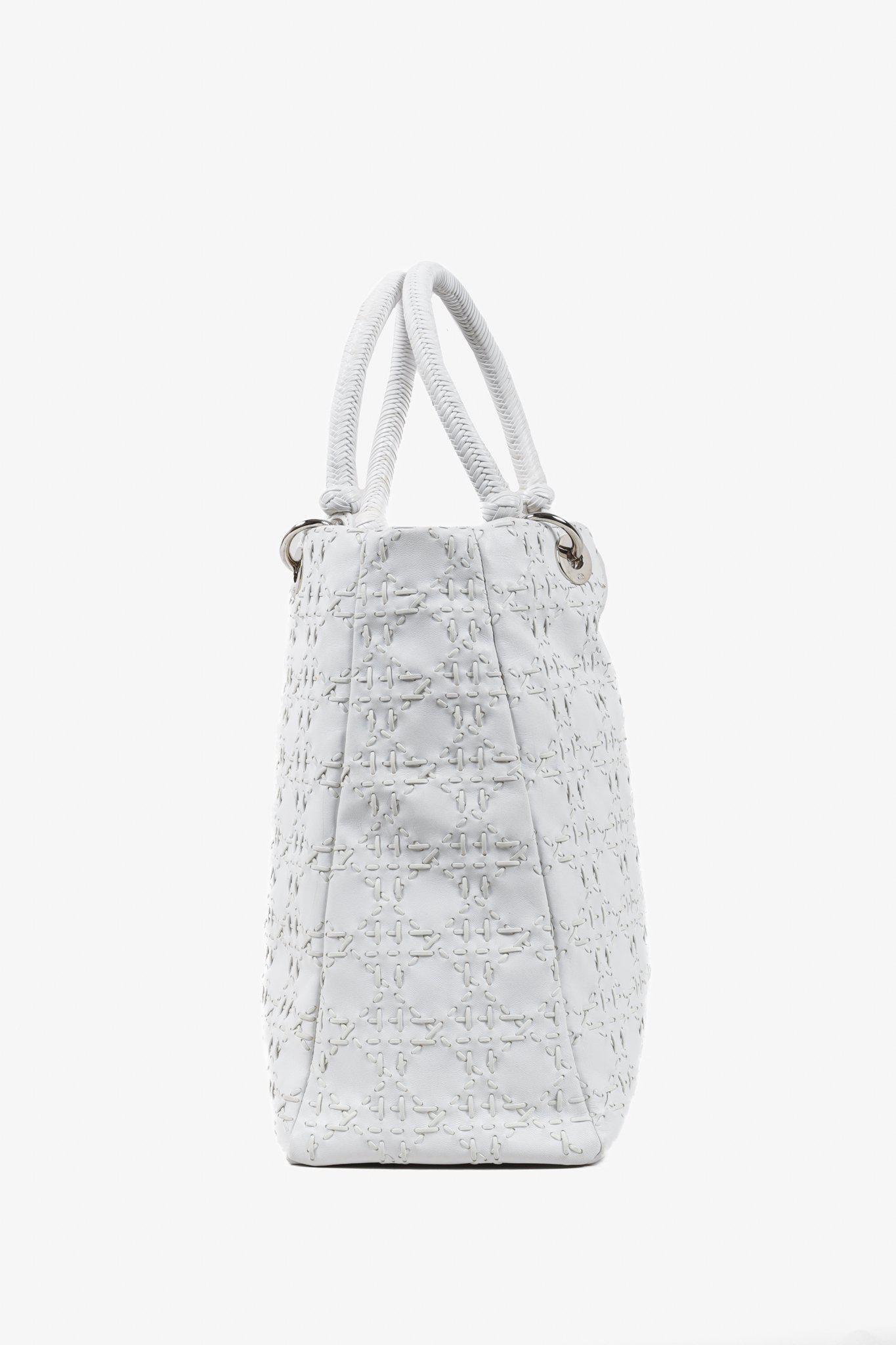 Christian Dior White Lambskin Stitched Woven Lady Dior Tote