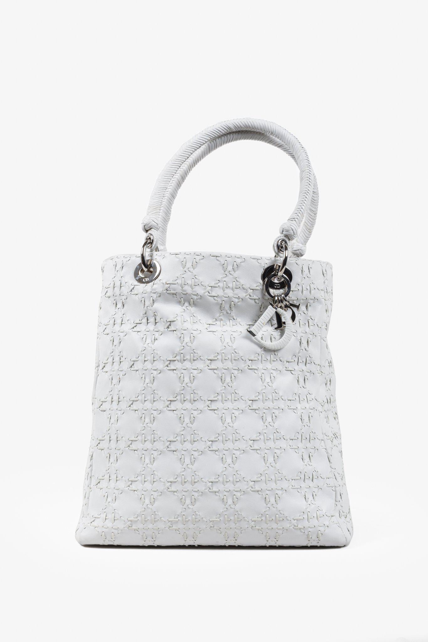 Christian Dior White Lambskin Stitched Woven Lady Dior Tote