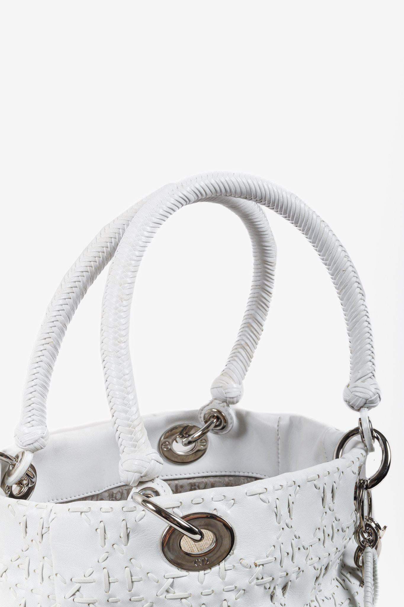 Christian Dior White Lambskin Stitched Woven Lady Dior Tote