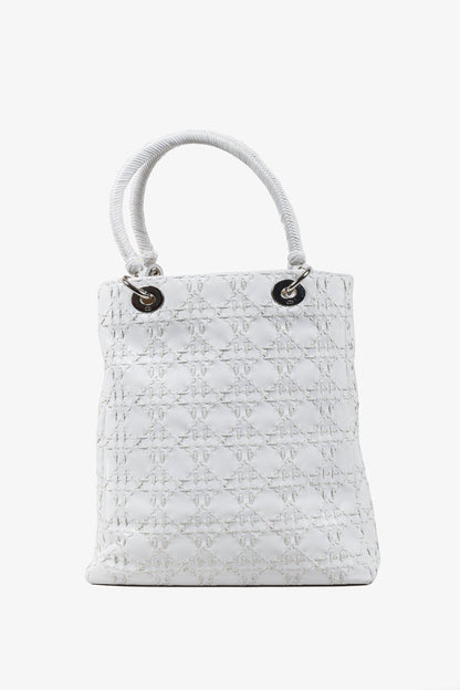 Christian Dior White Lambskin Stitched Woven Lady Dior Tote