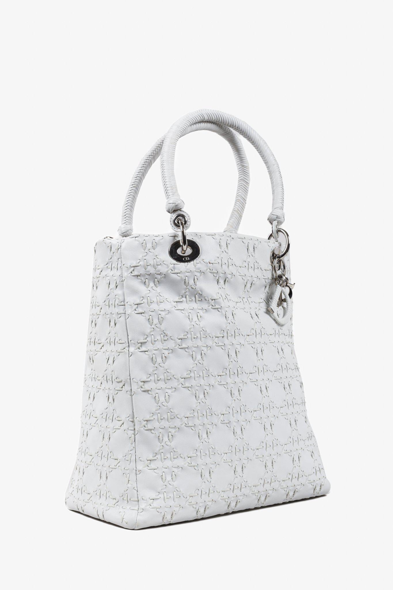 Christian Dior White Lambskin Stitched Woven Lady Dior Tote