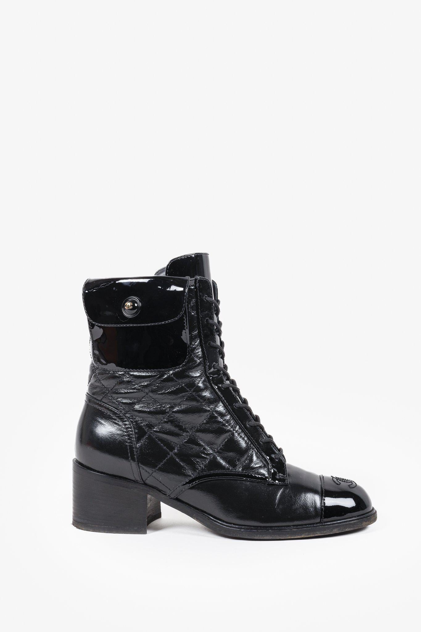 Chanel Patent Ankle Pocket Cap Toe Combat Boots