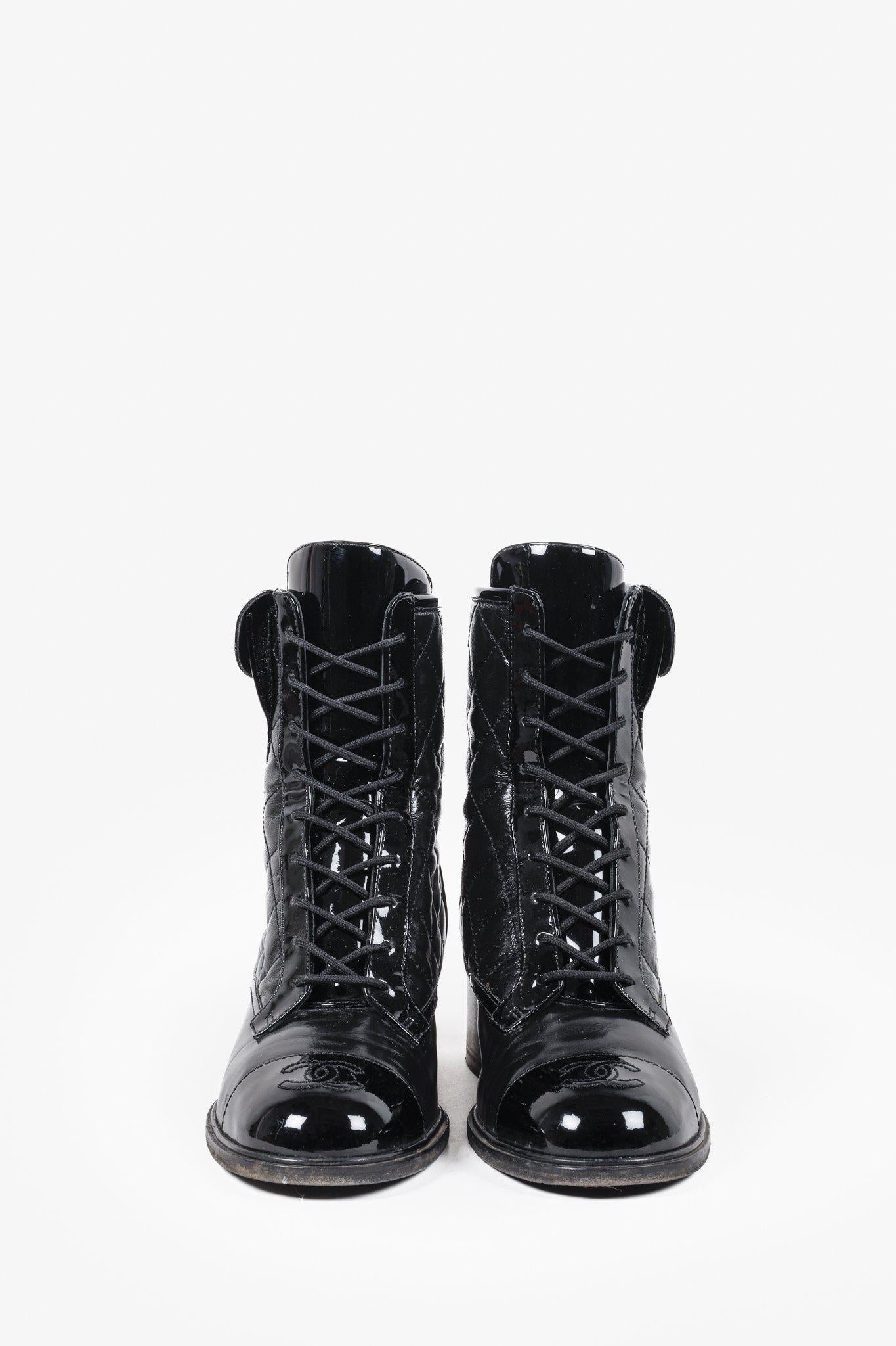 Chanel Patent Ankle Pocket Cap Toe Combat Boots