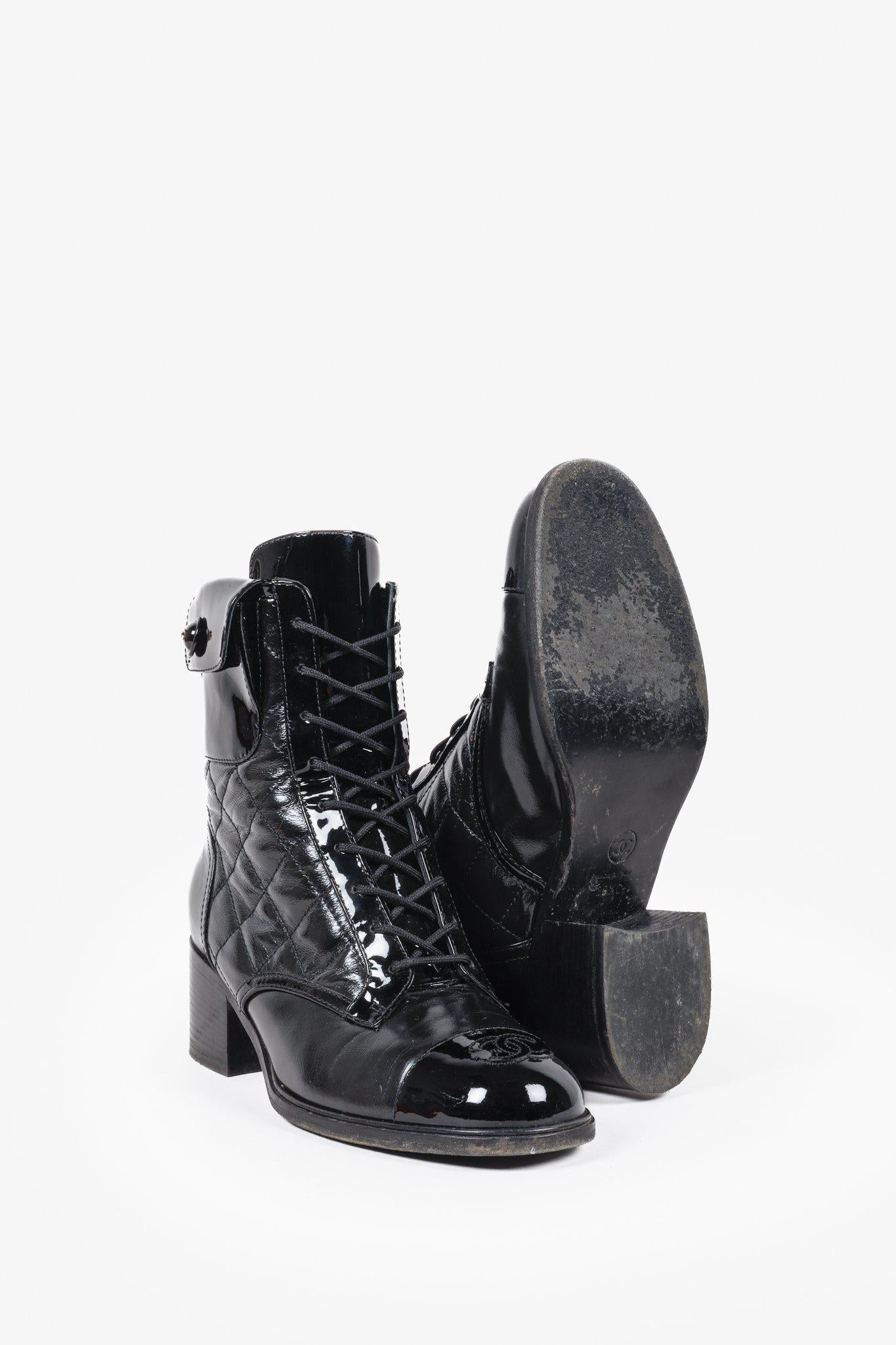 Chanel Patent Ankle Pocket Cap Toe Combat Boots