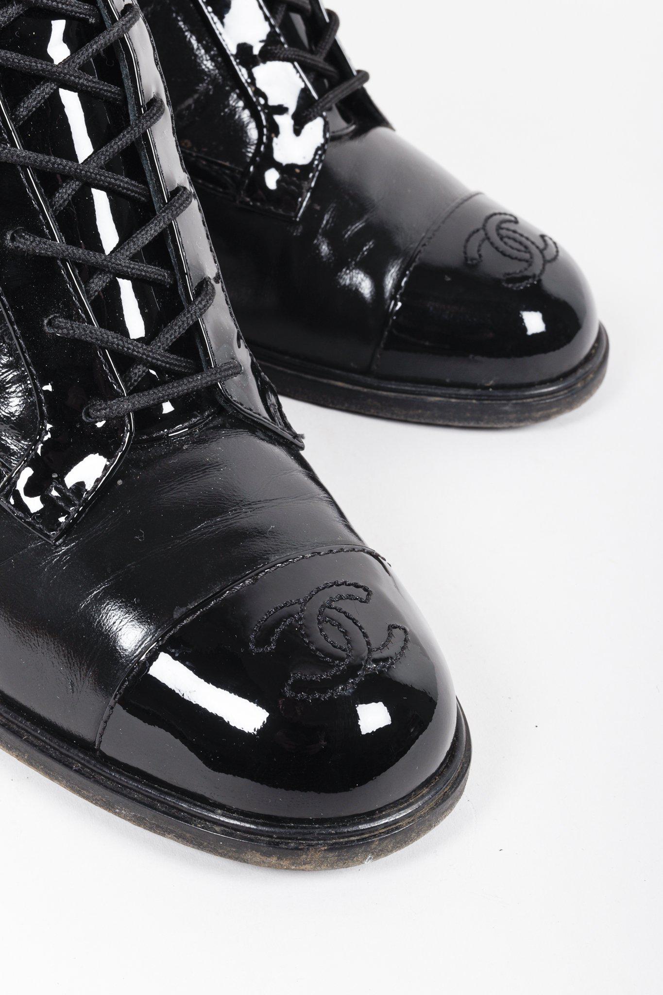 Chanel Patent Ankle Pocket Cap Toe Combat Boots