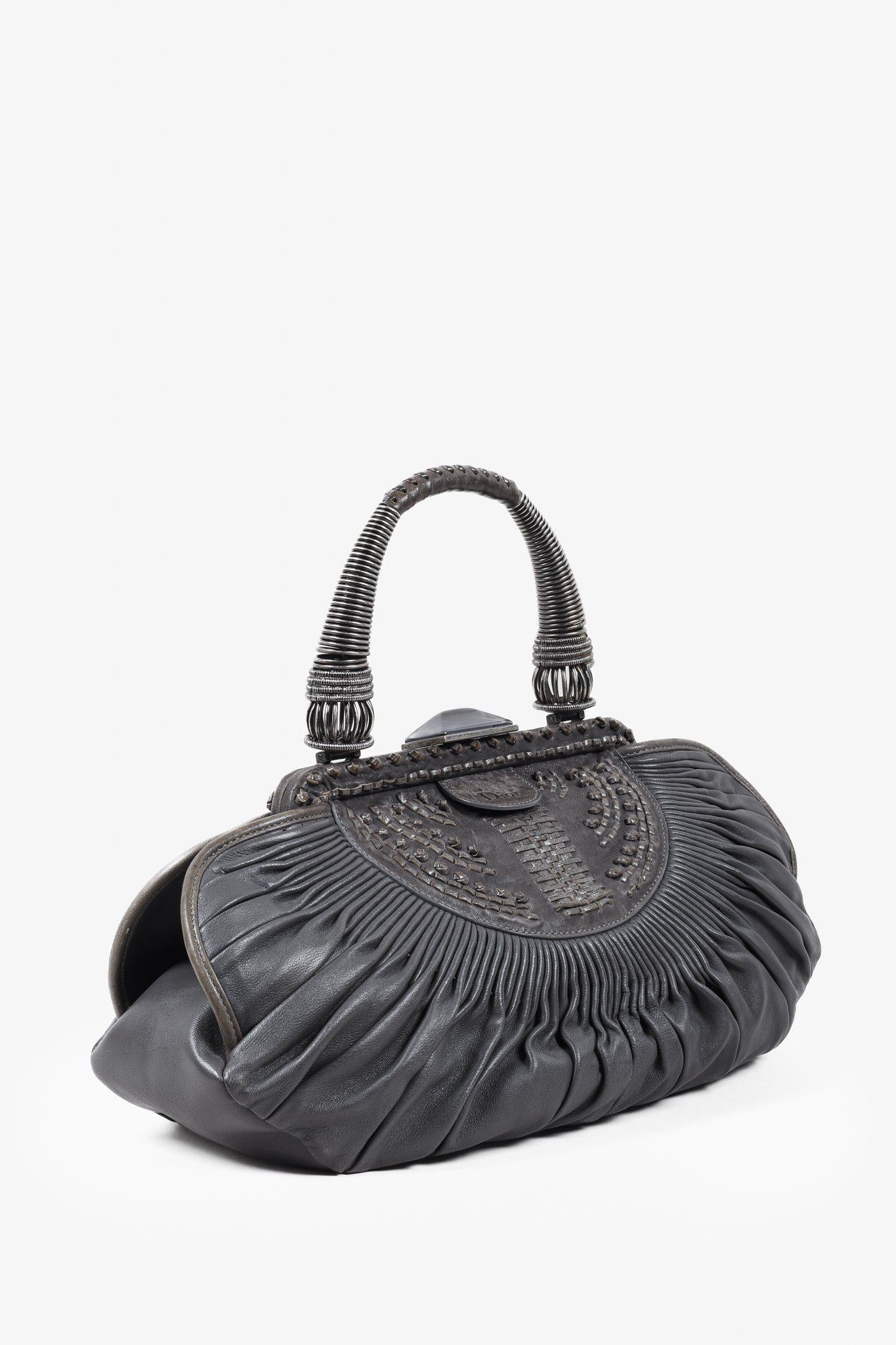 Dior Grey Pleated Leather Plisse Frame Bag